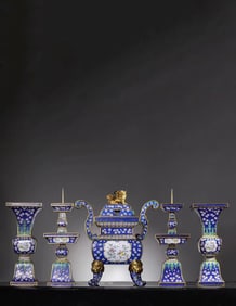 Qianlong of the Qing Dynasty bronze tire gilt painting, enamel flower, fruit pattern five offerings