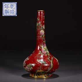 Qing Qianlong bronze tire gilt painting enamel red ground longevity peach pattern