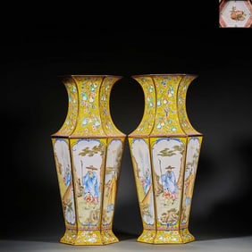 Qianlong of the Qing Dynasty painted enamel window figures, six-edged bottles