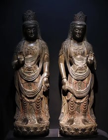 Tang Dynasty bluestone painted Guanyin pair