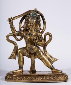 A Qing Dynasty bronze gilt inlaid turquoise statue of the Ming Dynasty
