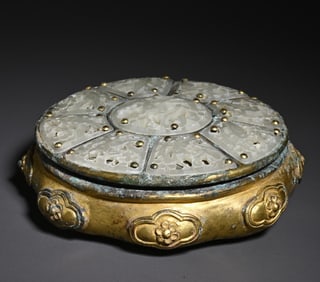 Bronze gilt inlay and Tian jade incense burner study ornaments