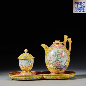 Qing Qianlong bronze gilt flower and bird picture pot, cup and plate