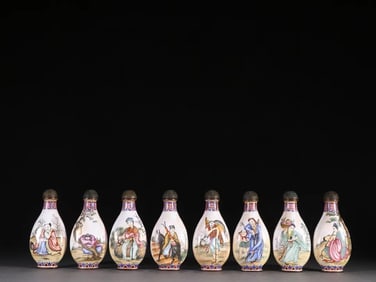 A set of Qing copper tire painting enamel eight immortal snuff bottles
