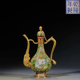 Qianlong bronze tire engraved gilt painting enamel figure holding pot