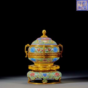 Qing Qianlong copper gilt painting enamel lid jar