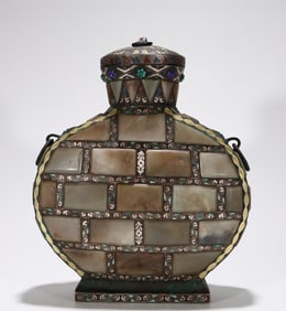 Bronze wrong gold and silver inlay and Tian jade treasure inlay ring ear flat bottle