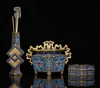 A set of Qing copper gilt cloisonne entwined flower bottle stove box three things