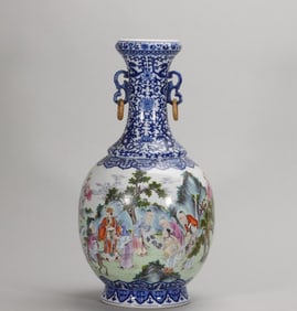 Qing Qianlong blue and white pastel group of immortals to congratulate the birthday picture amphora