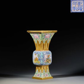 Qing Qianlong bronze gilt painting enamel flower and bird pattern square bottle