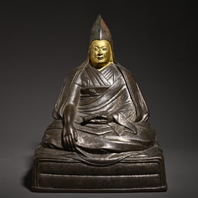 An old Tibetan bronze gilt Tsongkhapa Tibetan Buddha statue scholar's ornament