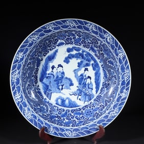Qing Kangxi blue and white dragon pattern figure plate