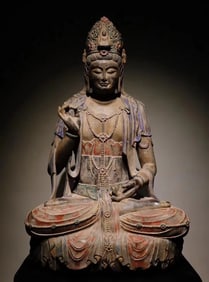 Tang Dynasty bluestone painted Guanyin seated statue