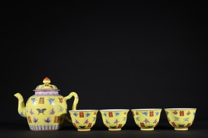 A set of old Tibetan Qing Dynasty Tongzhi yellow ground pastel butterfly happy word teapot (four
