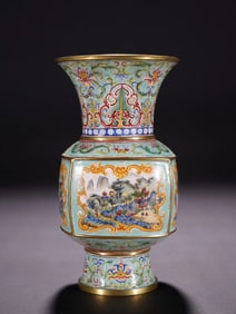 Qing Qianlong bronze gilt painting enamel landscape picture vase
