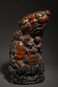 An old Tibetan bamboo carved lion study ornament