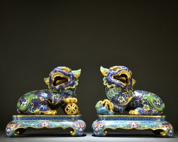 A pair of cloisonné three lions playing with beads