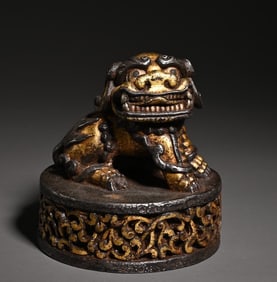 An old Tibetan bronze gilt unicorn scholar's seal ornament