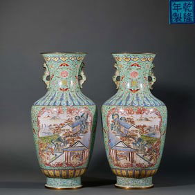 Qing Qianlong copper tire porcelain open window painting enamel bottle pair