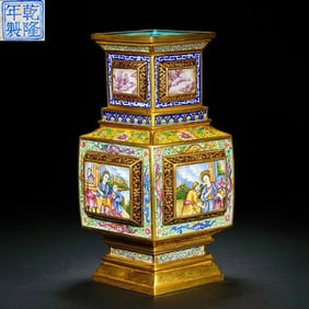 Qing Qianlong bronze gilt painting enamel Westerner square bottle
