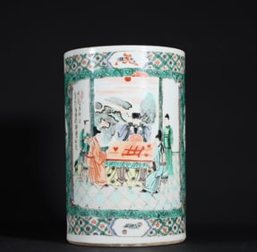 An old collection of Qing Dynasty Kangxi colorful figure pen holder
