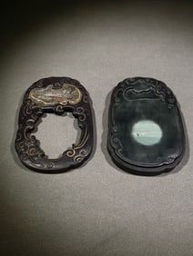 A piece of pine stone inlaid fish fossil double phoenix set inkstone