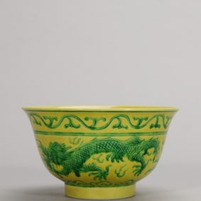 Qing Guangxu yellow ground green color longevity character pattern bowl