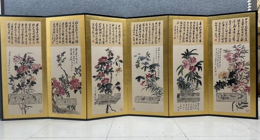 Huang Binhong, flowers and birds, six screens
