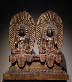 Tang Dynasty bluestone painted double Buddha seated statue