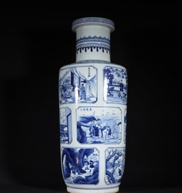 An old Tibetan Qing Dynasty Kangxi blue and white figure stick vase