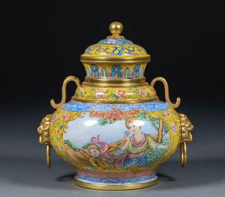 Qing Qianlong bronze gilt painting enamel double lion ear lid jar