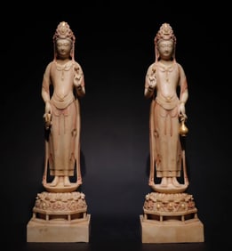 Northern Qi A pair of white marble painted Guanyin standing statues