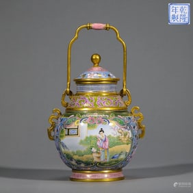 Qing Qianlong bronze gilt painting enamel figure handle lid jar