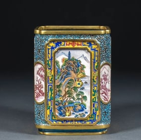 Qing Qianlong copper gilt painting enamel landscape pen holder