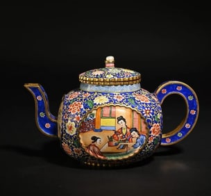 Copper-gilt painting enamel character story teapot