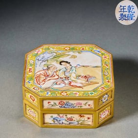 Qing Qianlong bronze gilt painting enamel window figure cover box
