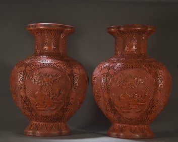 A pair of Qing Dynasty red lacquer carved Bogu picture appreciation bottles