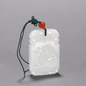 An old collection of Hetian jade carving character story poem Wenzigang card