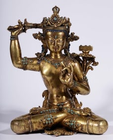 A bronze gilt turquoise statue of Manjushri in the Qing Dynasty