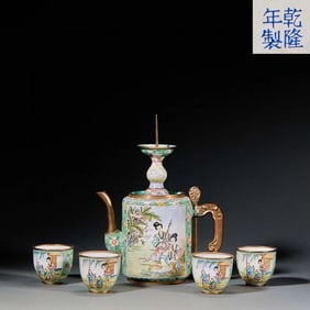 Qing Qianlong painted enamel copper gilt window Fuqin picture auspicious Ruyi teapot teacup set
