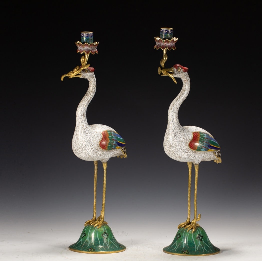 A pair of cloisonné cranes: Cloisonné cranes SIZE: L:18cm W:14cm H:52cm W:5630g (The Dimensions Of All Batches Are Manually Measured.If You Need More Detailed Information, Please Contact Our Customer Service Before Bidding.)
