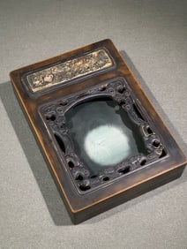 A Kangxi style pine stone inlaid fish fossil Rongde set inkstone