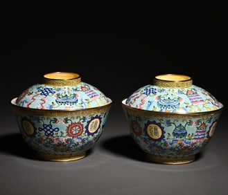 A pair of old Tibetan enamel color entwined flower bowl ornaments