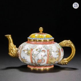 Qing Qianlong copper gilt painting enamel landscape eight-petal pot