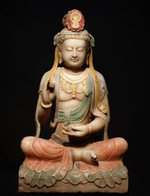Tang Dynasty white marble painted Guanyin seated statue