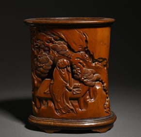 An old Tibetan boxwood character story pen holder study room ornament