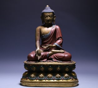 A 17th-century Tibetan Buddhist bronze gilt statue of Shakyamuni