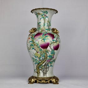 A pastel nine peach picture inlaid with copper sheep's head amphora fishtail bottle