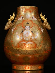 A Qianlong imperial red thangka Buddha statue painted with gold deer ears