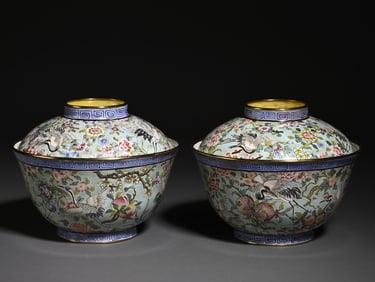 A pair of enamel colored flowers and birds cover bowl scholar's ornaments